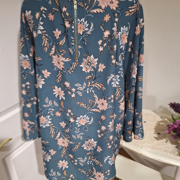 Papermoon Tops - Papermoon Blue Floral Long Sleeve Blouse with Pink Accents
